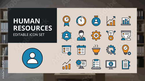 A detailed human resources editable icon set featuring multi-colored line and filled designs is displayed on a blurred office background.