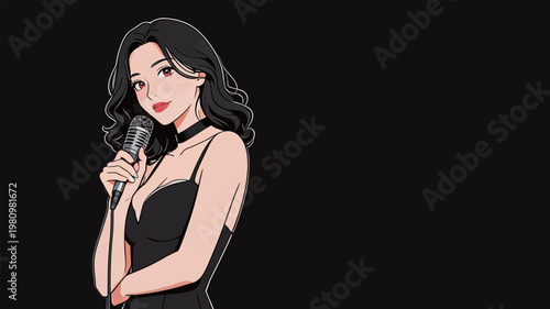 Young Woman in Black Dress with Microphone