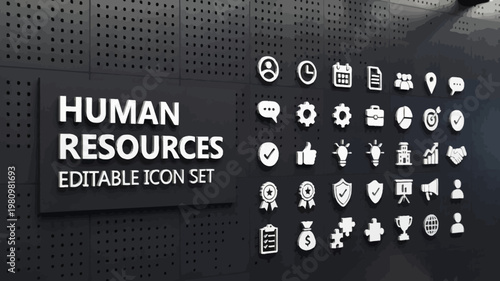 A large human resources editable icon set in solid white is dynamically presented on a dark textured wall.