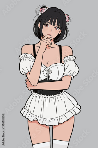 Anime Style Woman in White Maid Outfit
