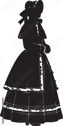 Elegant black and white silhouette of a woman wearing a voluminous 1800s Polish fashion dress with a wide skirt, ornate details, and bonnet.