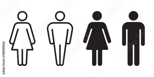Set of gender bathroom signs in outline and solid styles representing man and woman for restroom navigation.