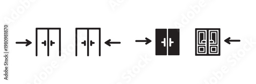 Set of four double doors with arrows showing approach and entry, varying styles from simple to detailed.