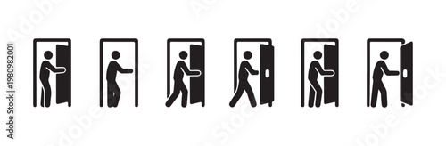 Man entering door sequence pictogram set representing walking motion into a room for safety instruction sign.