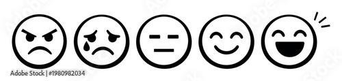 User experience and customer satisfaction scale displaying various emotional expressions from negative to positive ratings for feedback