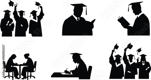 Graduation and academic silhouette set featuring students in caps and gowns celebrating, reading books, and studying at desks for university success
