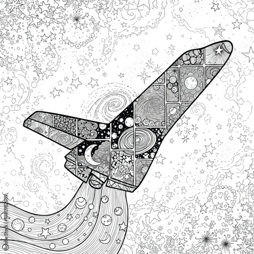 Black and White Artistic Illustration of a Space Shuttle Launching into the Sky