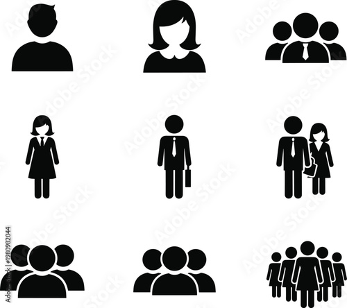 Business people and user avatar solid icon set featuring professional male and female profiles, corporate teams, and diverse crowd silhouettes