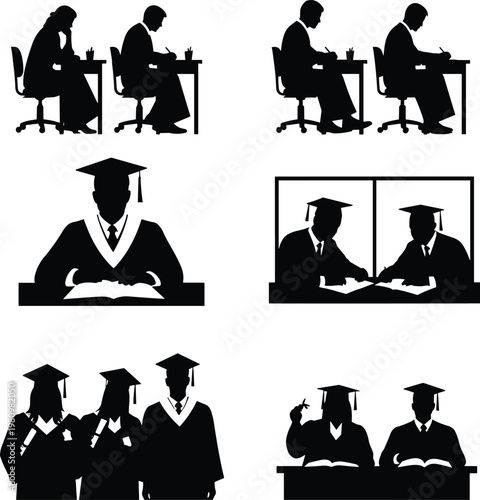 Education and graduation silhouette icon set featuring students studying at desks, graduates in caps and gowns, and academic achievement symbols