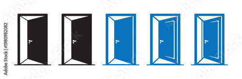 Door entrance and exit vector icon set isolated on transparent background. black and blue open and closed doors.