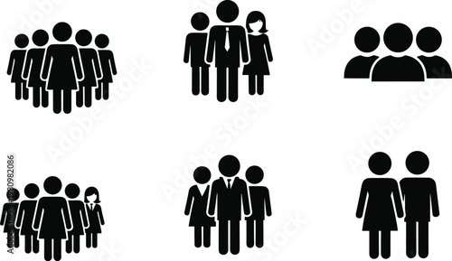 People group and team solid icon set featuring business professionals, diverse crowds, male and female figures, and corporate leadership symbols