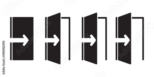 Door exit vector icon set isolated on transparent background. black door with arrow indicating exit.