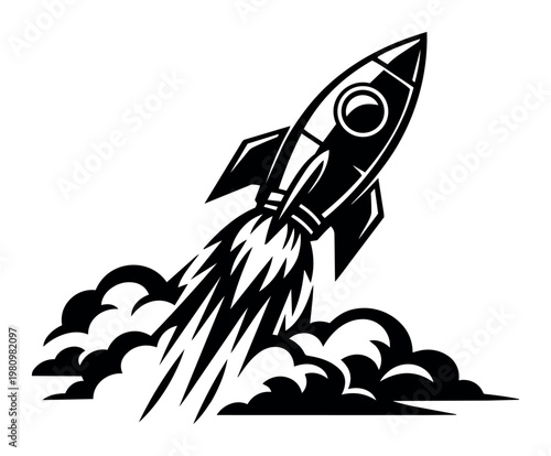 Rocket taking off with flame trail and smoke, representing rapid growth, success, and technological advancement in a monochrome style