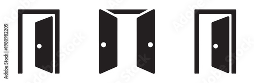 Set of three black door icons open and closed with transparent checkered background.