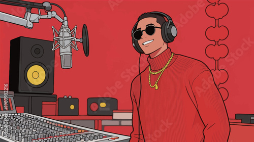 Man in red sweater in recording studio