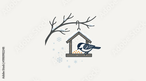 Winter Scene Featuring Bird Feeding From A Birdhouse