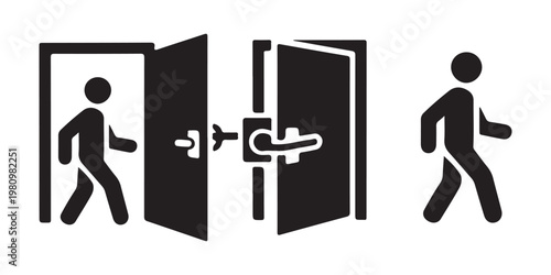 Person walking through door entering and exiting icons with door handle and lock.