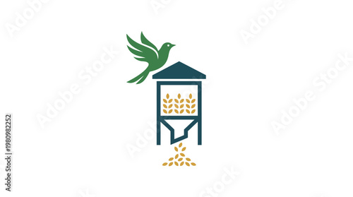 Minimalist Bird Feeder Logo with Grain and Flying Bird.