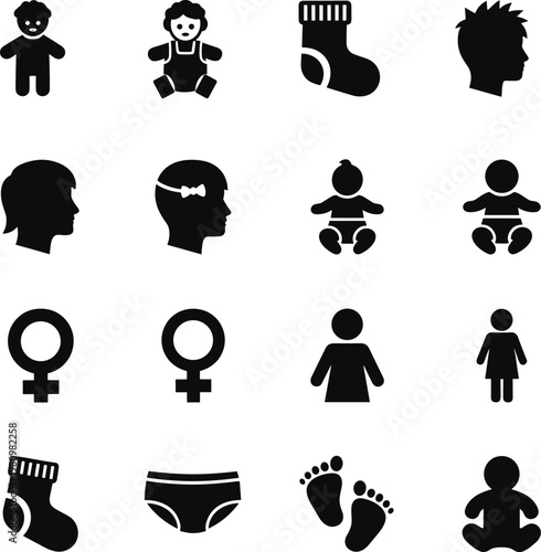 Set of sixteen black silhouette icons featuring babies, children profiles, gender symbols, baby socks, footprints, and diapers for family designs.