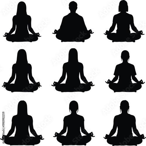 Set of nine black silhouettes of people sitting in lotus pose, practicing yoga and meditation for health, wellness, and relaxation.