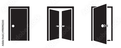 Three black door icons showing closed, double open and single door ajar on checkered background.