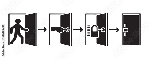 Sequence of icons showing person opening door using handle and locking door.
