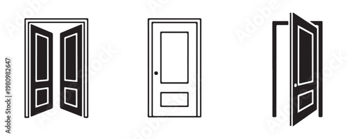Detailed door outline and solid icons pack featuring classic paneled designs and open perspective views vector.