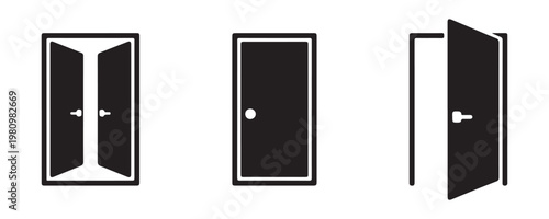 Modern black double and single door vector silhouettes showing open and closed states for architectural design.