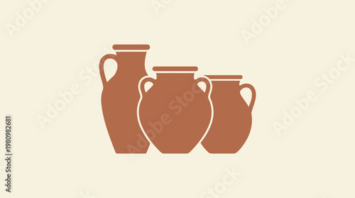Three Antique Brown Ceramic Pots Silhouetted on Beige Background