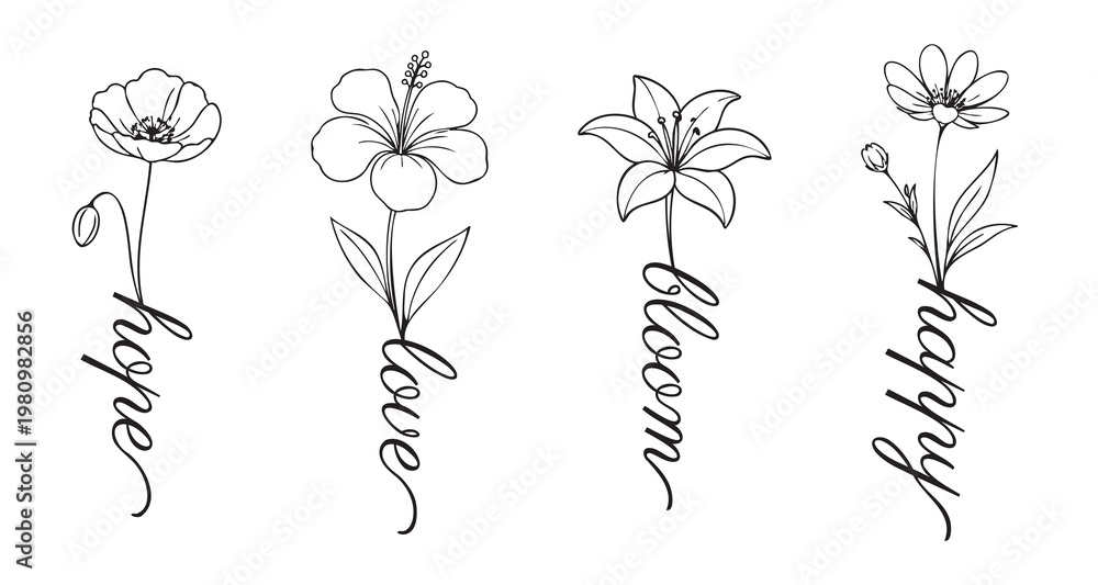 Obraz premium Minimalist floral word art set with line flowers and handwritten hope, love, bloom, and happy in elegant black outline style. Inspirational vector illustrations