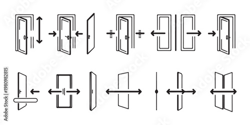 door icon set, open and close door sign, door dimensions and parameters, door type, vector illustration.