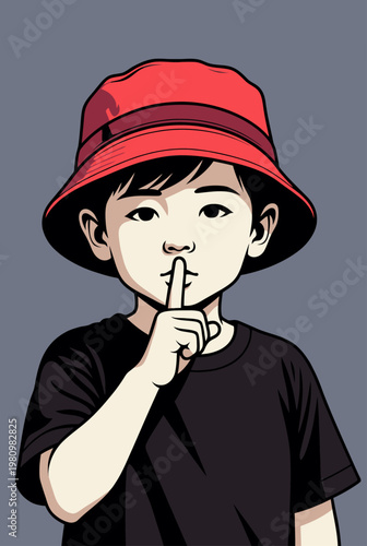 A cute cartoon image of a child wearing a red bucket hat and a black t-shirt, with a finger held to their lips in a "shh" gesture, asking for silence. The background is a muted grey.