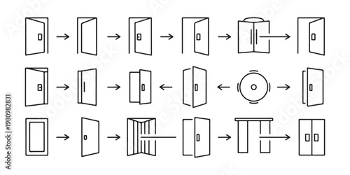 door open and close icon set, flat black door sign, front door, interior door, vector illustration.
