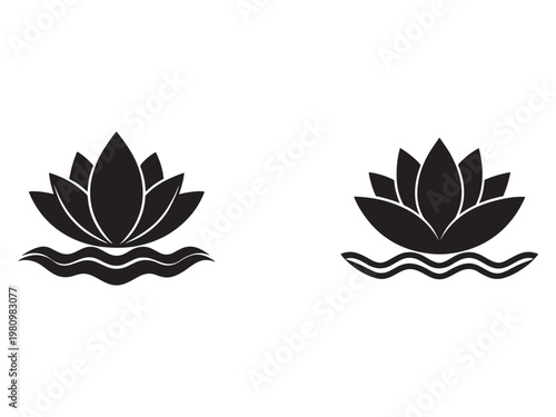 Black lotus flower icons on white background  water lilies in different styles  simple floral designs