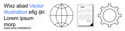Business processes, globalization, digital workflow, document management, technology, system optimization. Globe, clipboard with document and gear symbol. Business processes and globalization