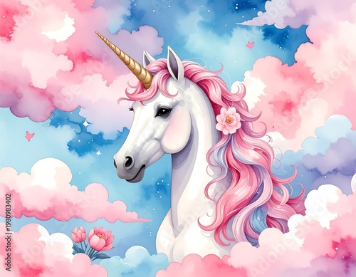 Watercolor unicorn with pink mane stands amidst fluffy pink and blue clouds