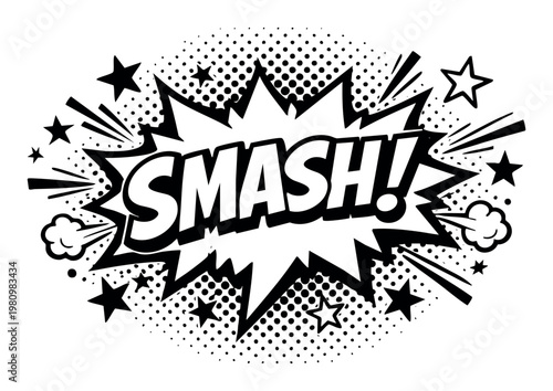 Smash! word art in comic book explosion bubble, depicting a powerful impact, pop art style, black and white