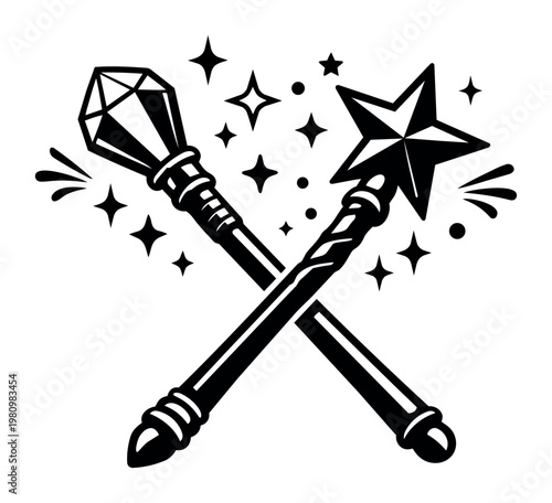 Crossed magic wand and wizard staff casting sparkling mystic spells for fantasy, occult, and spiritual themes. Black and white vector