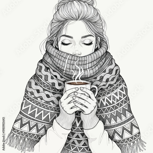 Cozy Winter Woman Enjoying Hot Beverage in Warm Sweater and Scarf