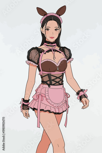 Young Woman in Pink Bunny Girl Cosplay Outfit