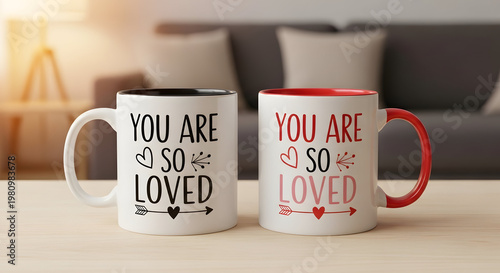 Two coffee mugs with inspirational quotes on a table