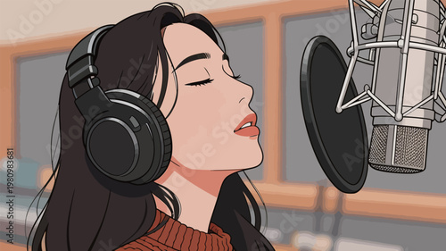 Woman Singing in Recording Studio with Headphones