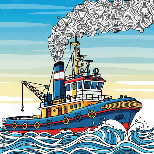 Colorful Tugboat Navigating Through Open Waters with Bright Sky