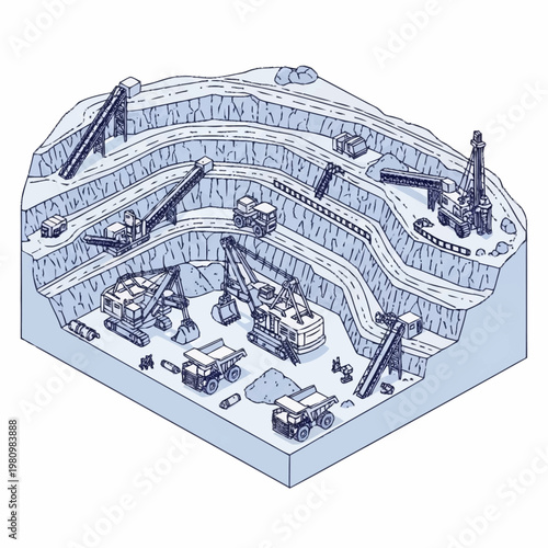 Illustration of an open pit mine with heavy machinery and excavation.