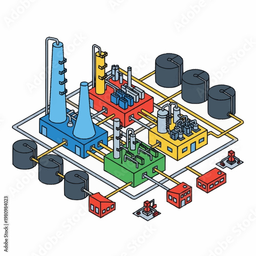 Industrial chemical processing plant with pipelines and tanks.