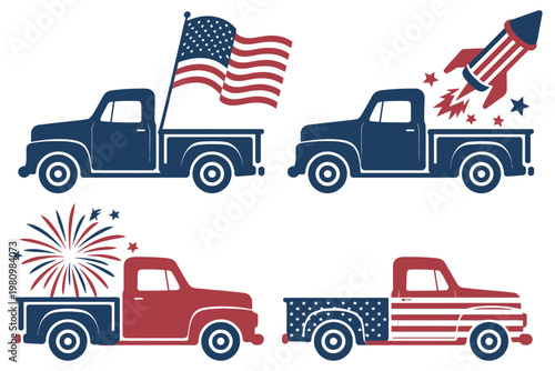 American patriotic pickup trucks set with flag fireworks and rocket icons. Fourth of july transport illustrations for united states holidays