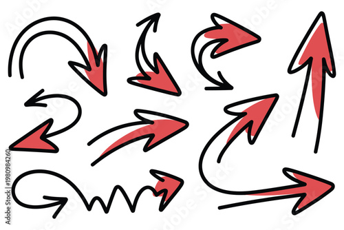 Collection of hand drawn arrows in red and black on transparent background for design and illustration purposes