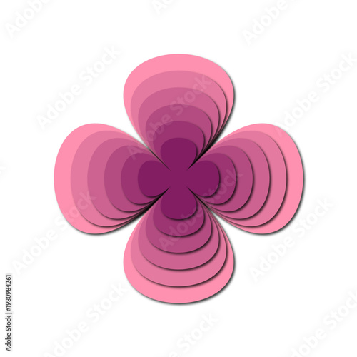 Abstract pink paper cut flower with layered petals, Geometric four leaf clover in purple gradient style, Modern floral papercraft illustration on white background, Minimalist layered pink flower desig