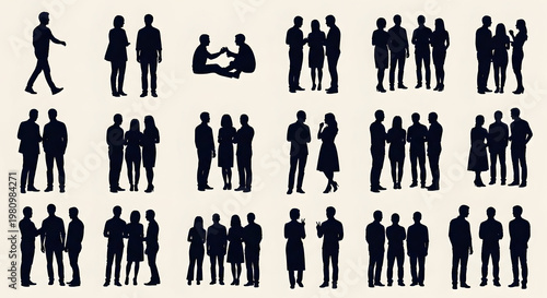 A collection of silhouettes of people in various poses and groups