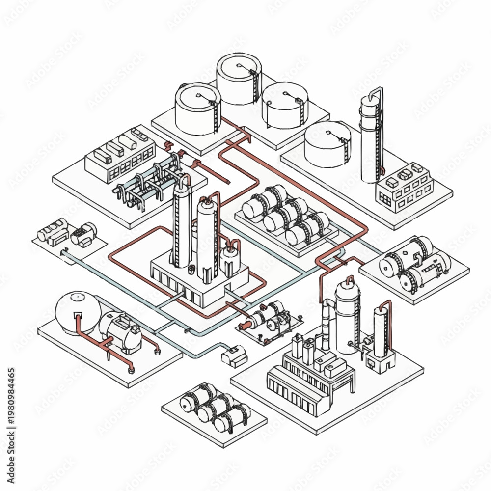 Fototapeta premium Industrial factory complex isometric illustration with pipelines and tanks.